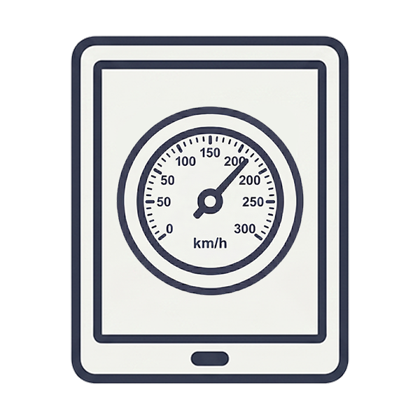 Device displaying a circular speedometer gauge labeled km/h on a tablet-like screen, needle near 180 km/h.